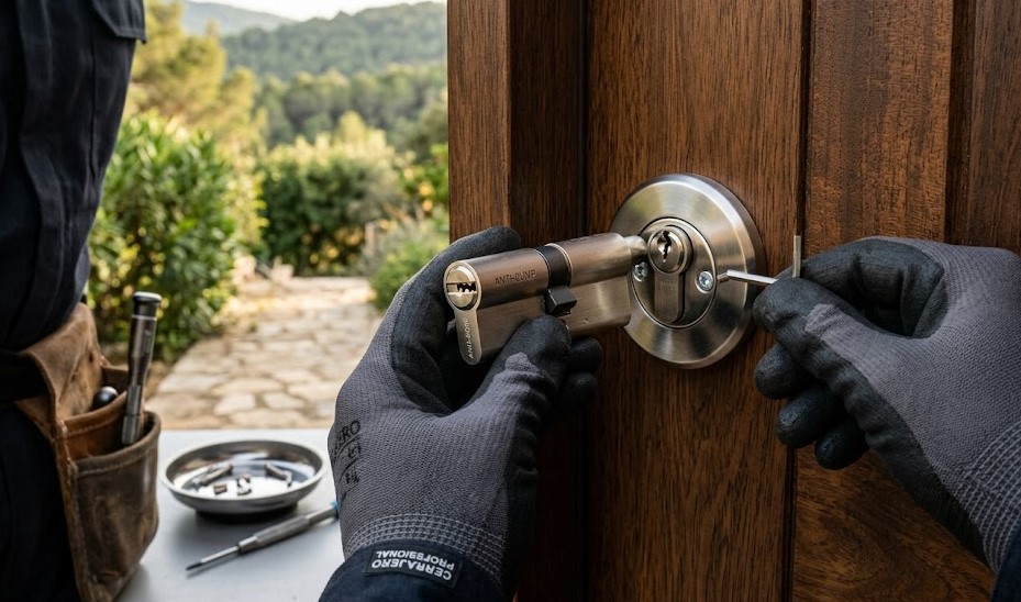 Especialista instalando cerradura de alta seguridad en puerta de chalet en Ullastrell